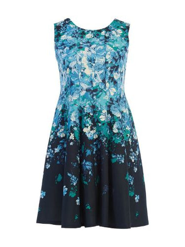 Navy and Teal Floral Printed Scuba Fit-and-Flare Dress
