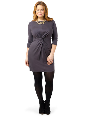 3/4 Sleeve Boat Neck Twist Front Dress In Pavement