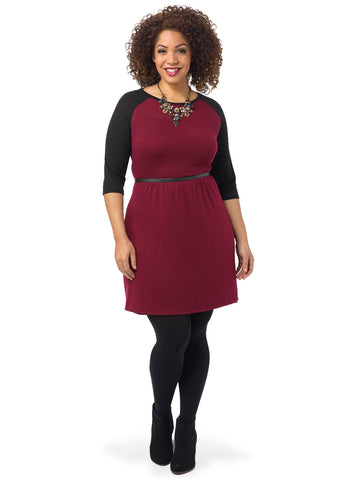 3/4 Sleeve Colorblock A-Line Dress In Burgundy
