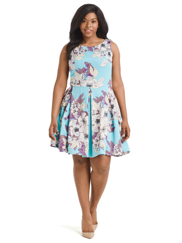 Turquoise Floral Scuba Fit And Flare Dress