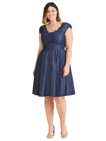 Scallop Trim Chambray Fit And Flare Dress