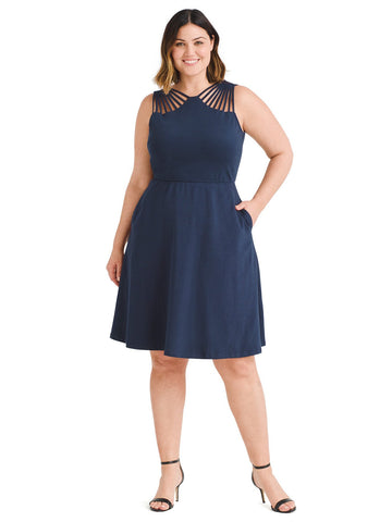 Shoulder Cutout Navy Fit And Flare Dress