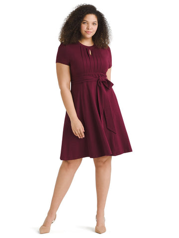 Front Pleat Burgundy Fit And Flare Dress