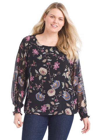Batwing Floral Chiffon Overlay Blouse
