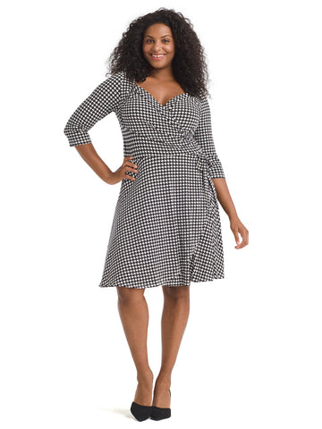 Houndstooth Sweetheart Faux Wrap Dress