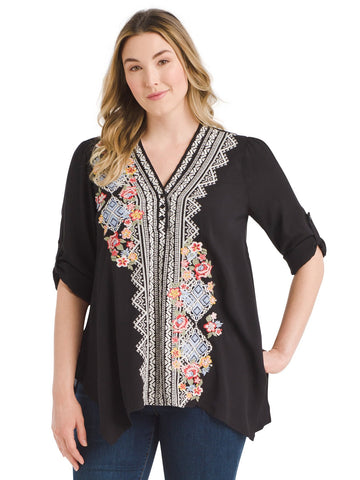 Geometric Embroidered Black Top