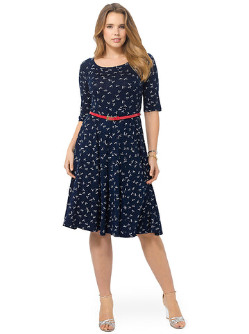 Navy Dragonfly Print Midi Skater Dress With Red Patent Belt