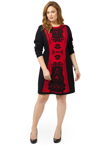 Jacquard Colorblock Shift Dress In Black & Red
