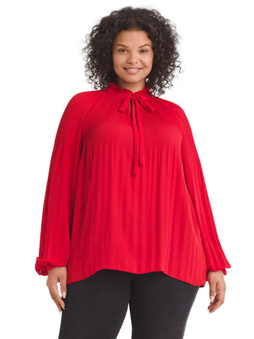 Pleated Tie Neck Red Top
