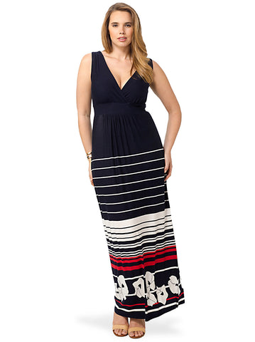 Navy Maxi Dress With White & Red Striped Floral Pattern