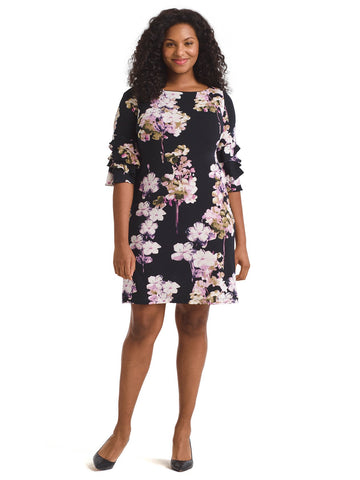 Ruffle Tier Sleeve Crepe Floral Shift Dress