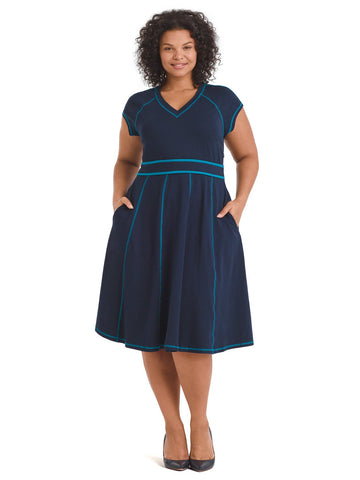 Contrast Stitch Navy Fit-And-Flare Dress
