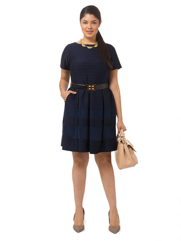 Textured Navy Dress With Mesh Inserts