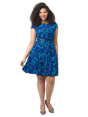 Short Sleeve Belted Dress In Blue Multi
