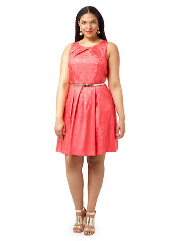 Coral Pleated Dress In Polka Dots