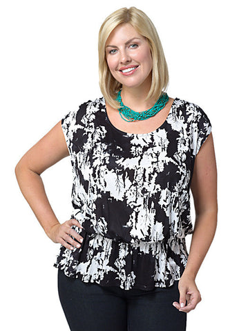 Bloused Print Top Black And White Leaves
