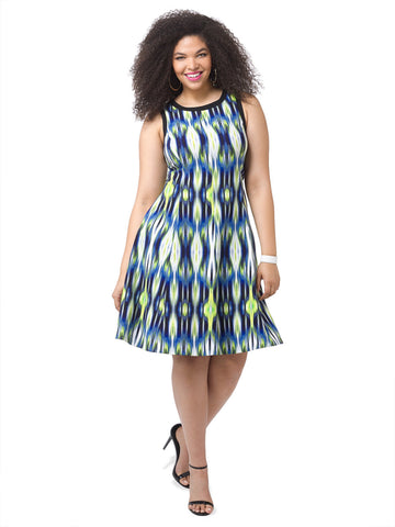 Fit & Flare Dress In Lime Ikat Print