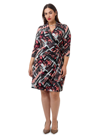 Abstract Printed Faux Wrap Dress